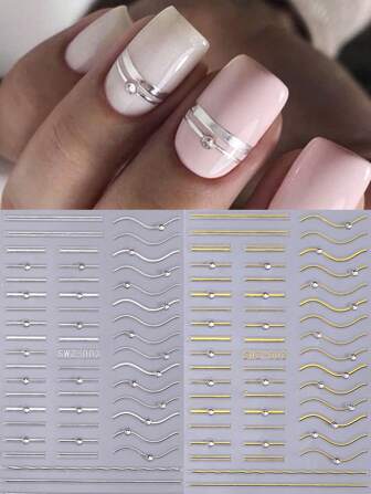 2 PCS Gold Silver Lines Stripe Nail Stickers 3D Metal Strip Nail Decals With Crystal Rhinestone French Designs DIY Self-Adhesive Nail Art Supplies For Women Girl Manicure Decoration