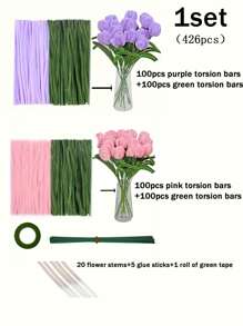 426pcs/Set Macaron Color Twist Sticks,Tulip Craft Kit With DIY Bouquet Tools - Includes Light Pink & Army Green Pipe Cleaners, Dark Green Tape, And Glue Sticks, DIY Accessories Creative Hand Tools, Craft Supplies Decoration - Perfect For Beginners, Ideal Gift For Holidays,Valentine's Day Gift