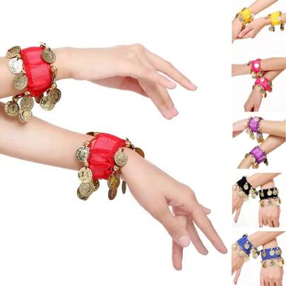 1 Pair Of Loud & Vibrant Belly Dance Wrist Coin Bracelets, Dance Costume Accessories, Belly Dance Jewelry Wristband, Dance Competition Pendant Bracelet, Folk Dance Performance Bracelet, Jewelry Wristband - Suitable For Performances And Festivals