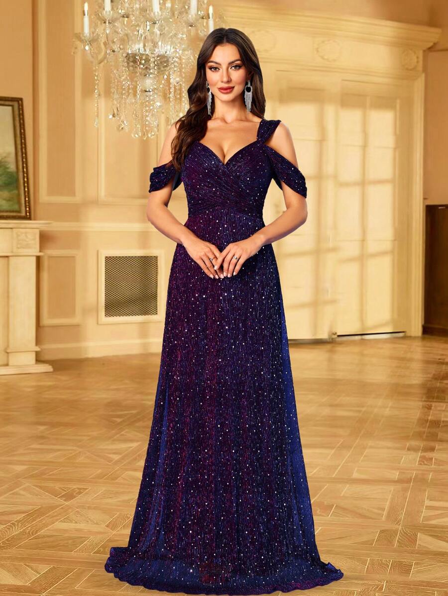 UNITHORSE Váy cổ chữ V không tay có chi tiết xếp nếp ở ngực và trang trí bằng sequin, thanh lịch và duyên dáng cho tiệc khiêu vũ và tiệc tối, váy dạ hội trang trọng, cho khách dự tiệc cưới, tốt nghiệp, tiệc tối - Màu tím - Xem 1