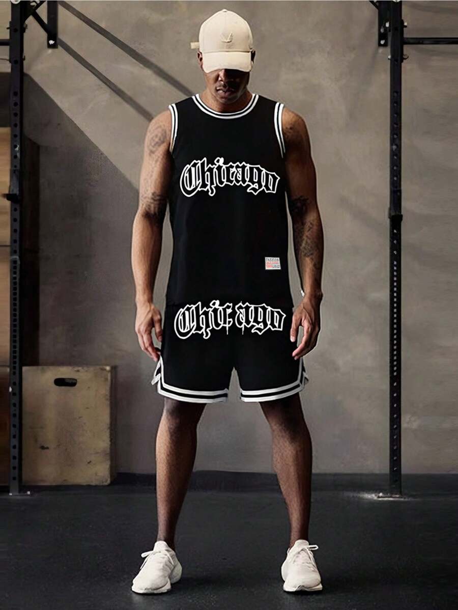 (Two Pieces Set) Men's Set Summer Style Skin Friendly Fashionable Versatile Comfortable Sports Basketball Suit Personalized Printed Sleeveless Tank Top Shorts