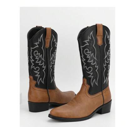 Men's Western Cowboy Boots, Featuring A Square Toe Design, Retro Pu Leather Embroidered Casual Chunky Heel Wide Ankle Zipper Boots.