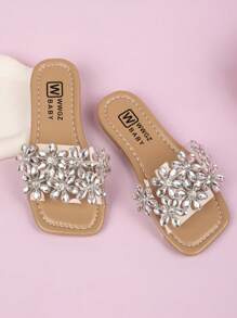 Sandalias planas con tira en T transparente y flor de strass para niñas, cómodas y casuales tipo chanclas, apropiadas para fiestas, exteriores, playa, camping, con diseño floral romántico, para el Día de San Valentín