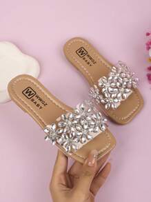 Sandalias planas con tira en T transparente y flor de strass para niñas, cómodas y casuales tipo chanclas, apropiadas para fiestas, exteriores, playa, camping, con diseño floral romántico, para el Día de San Valentín