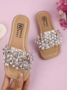 Sandalias planas con tira en T transparente y flor de strass para niñas, cómodas y casuales tipo chanclas, apropiadas para fiestas, exteriores, playa, camping, con diseño floral romántico, para el Día de San Valentín