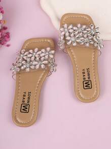 Sandalias planas con tira en T transparente y flor de strass para niñas, cómodas y casuales tipo chanclas, apropiadas para fiestas, exteriores, playa, camping, con diseño floral romántico, para el Día de San Valentín