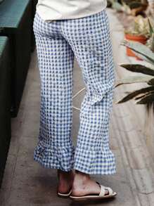 Womens Y2k Gingham Pants Ruffled Straight Leg Lounge Pants Elastic Waist Plaid Wide Leg Loose Trousers Streetwear - 藍色 - 查看 7