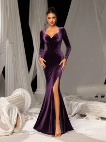 Faeriesty Sweetheart Neck Split Mermaid Hem Velvet Formal Dress, Wedding Guest Dress, Party Dress, Evening Dress - Purple - View 4