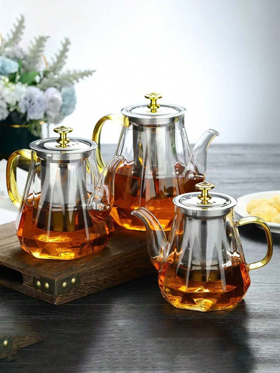 1pc High Borosilicate Heat Resistant Glass Teapot With Stainless Steel Infuser, Large Capacity Diamond Shape Tea Pot Back To School - Transparent - View 1