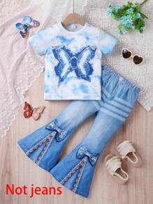 2 件女童休闲蝴蝶印花蕾丝蝴蝶结短袖 T 恤和喇叭腿柔软针织裤套装，春夏 - 淺藍色 - 查看 1