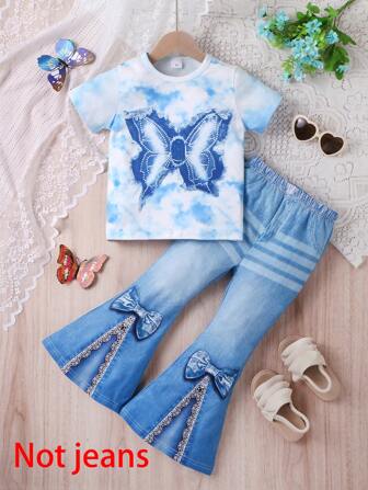 2 件女童休闲蝴蝶印花蕾丝蝴蝶结短袖 T 恤和喇叭腿柔软针织裤套装，春夏