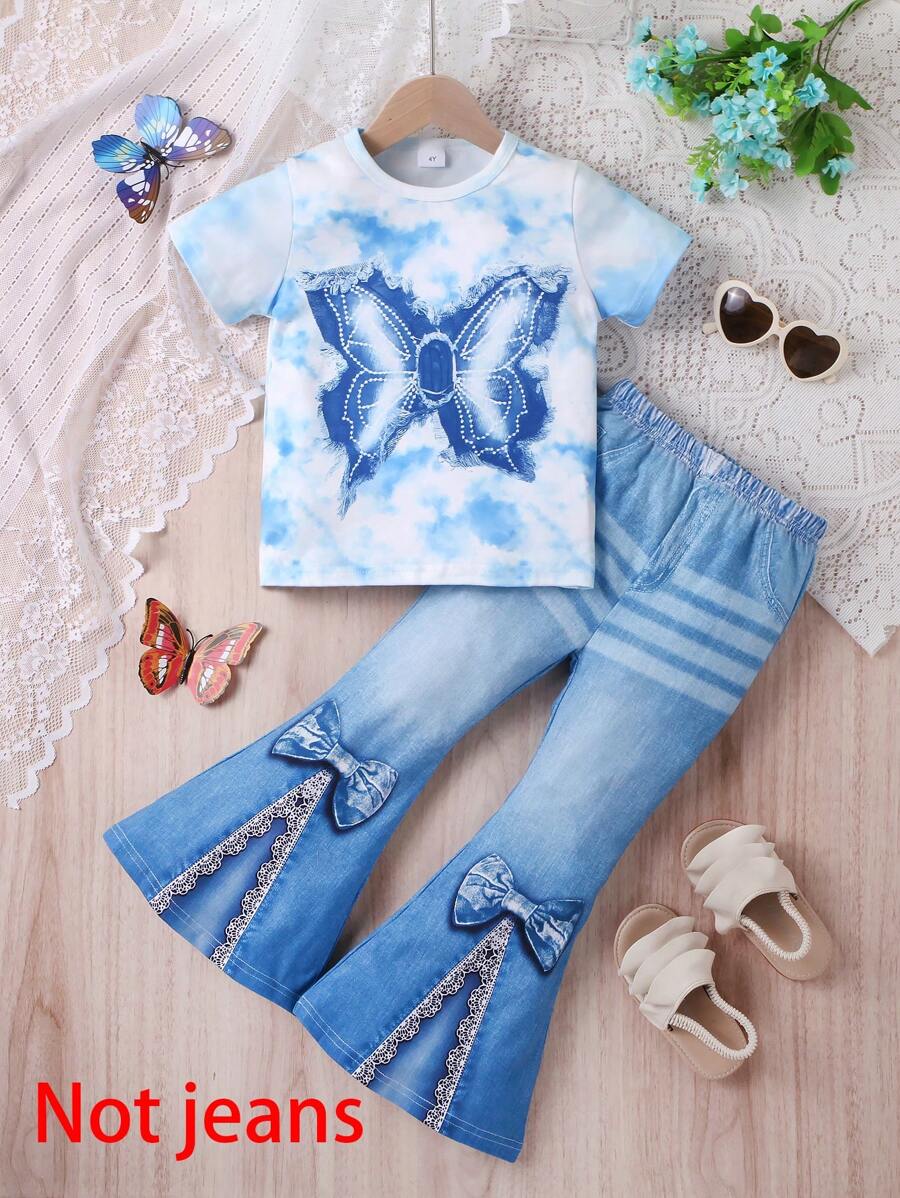 2 件女童休闲蝴蝶印花蕾丝蝴蝶结短袖 T 恤和喇叭腿柔软针织裤套装，春夏 - 淺藍色 - 查看 1