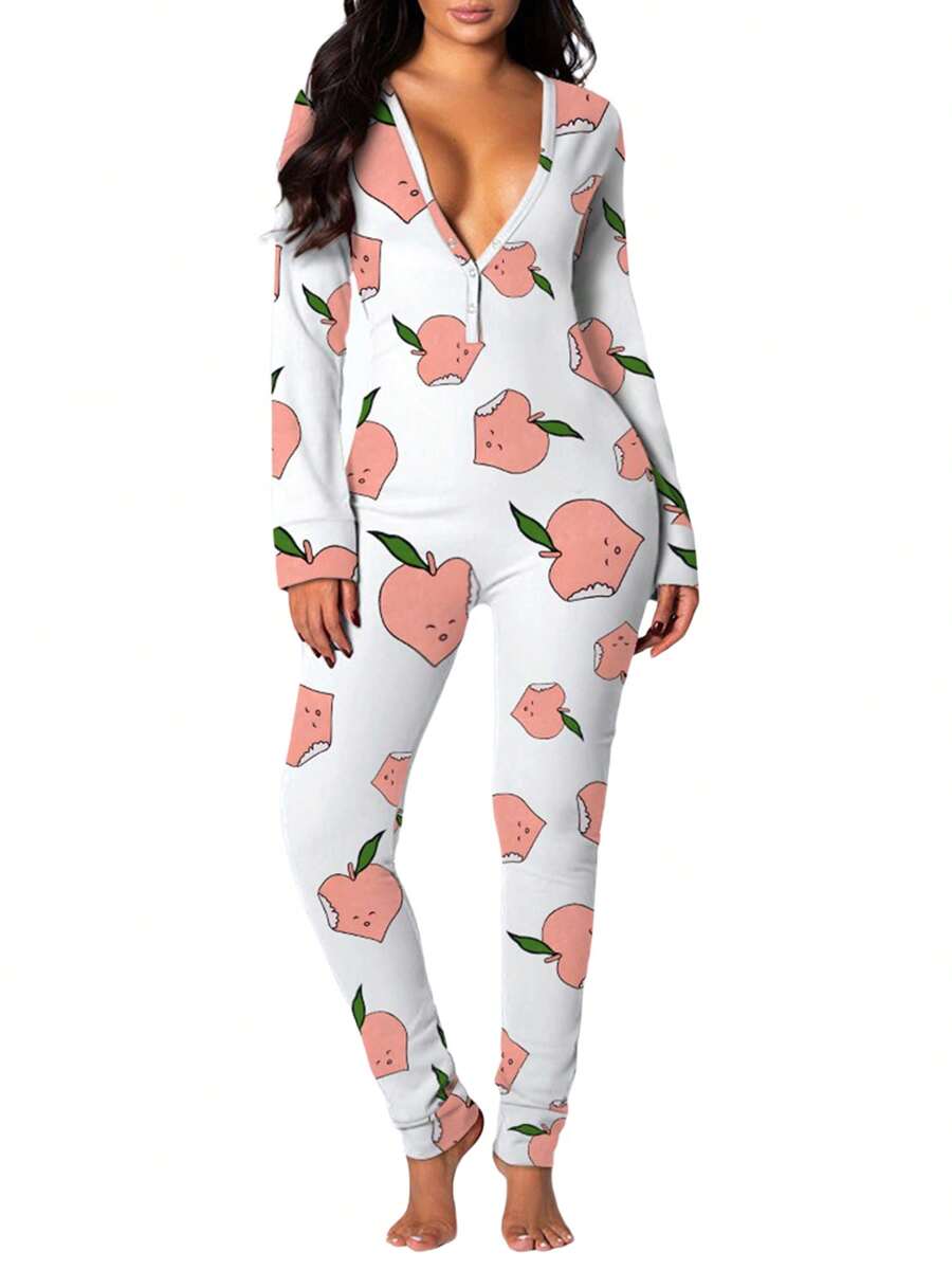 Pijama navideño para mujer, manga larga, cuello en V, estampado, holgado, entrepierna desmontable, elástico, para el hogar - Beis - Ver 1