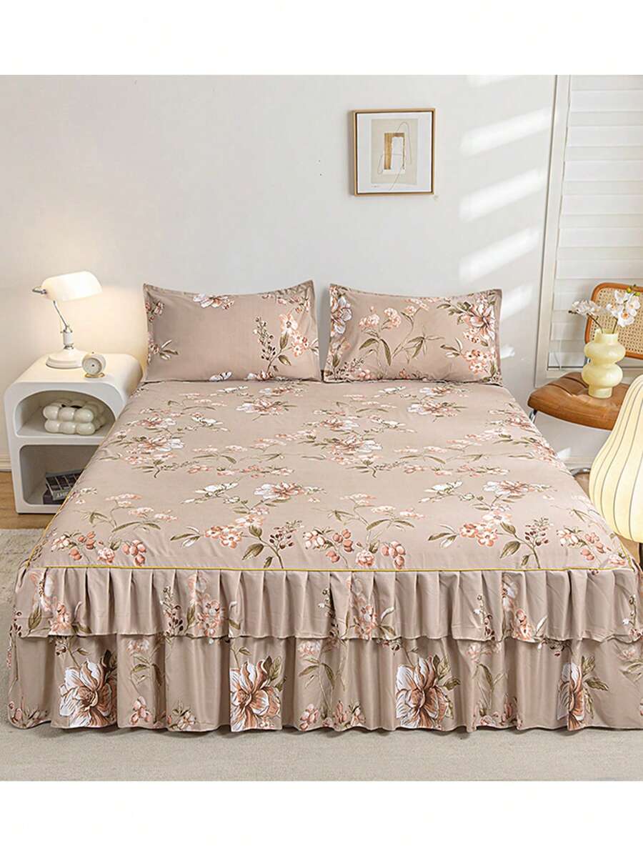 3pcs Bedskirt & Pillow Sham Set (1 Bedskirt + 2 Pillow Shams), All Season, Multi-Size, Bedroom Bedding Set