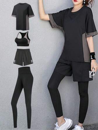 4 件套女士瑜伽胸罩、宽松 T 恤、紧身裤、运动休闲运动服、健身房健身服套装