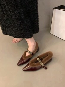 Stylish & Versatile Wine Red Mary Jane Flats With Fuzzy Lining, Warm Metal Buckle Pointed Toe Ballet Shoes For Women, Autumn/Winter 2024 New Arrival