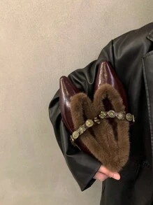 Stylish & Versatile Wine Red Mary Jane Flats With Fuzzy Lining, Warm Metal Buckle Pointed Toe Ballet Shoes For Women, Autumn/Winter 2024 New Arrival