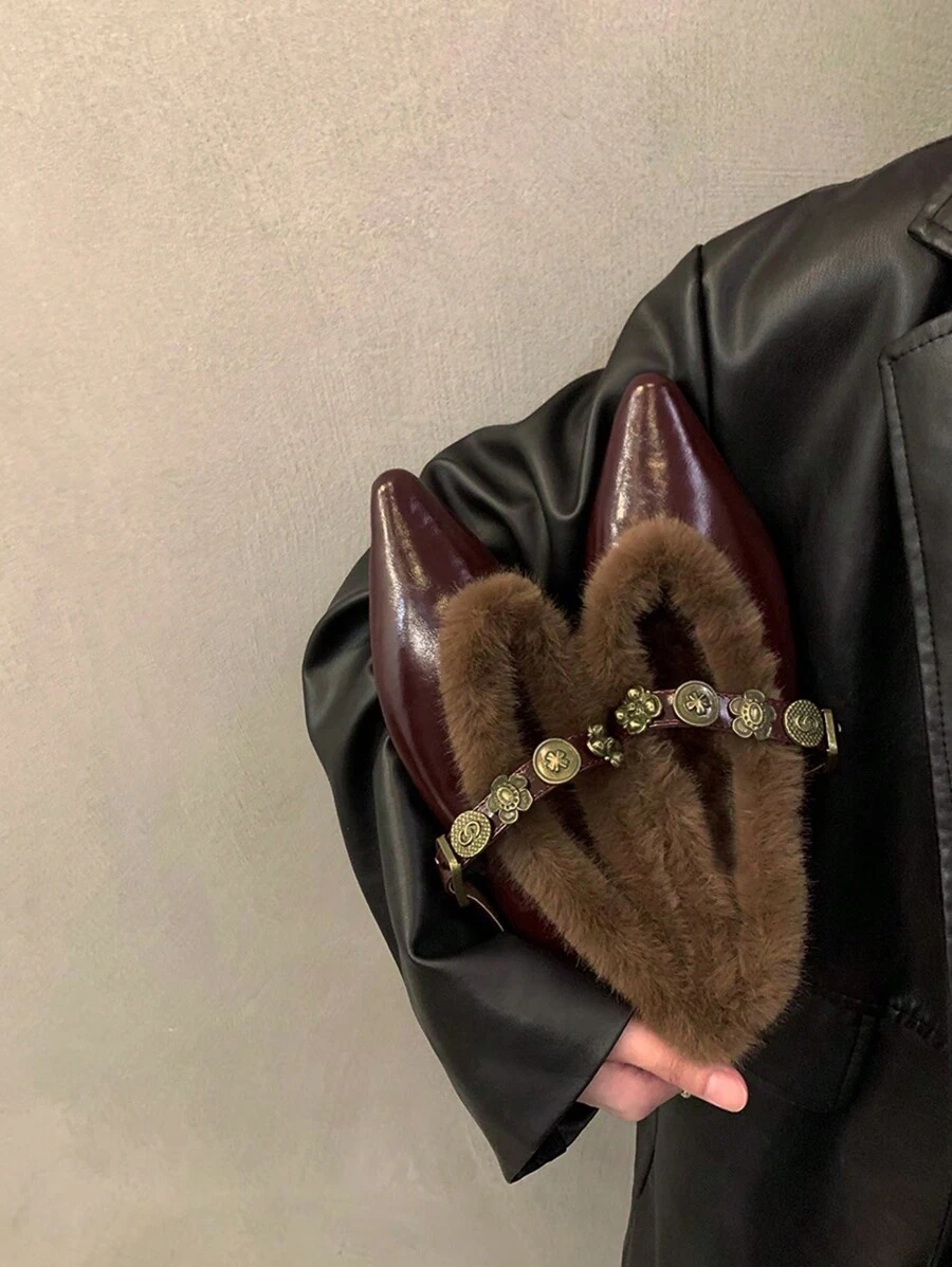 Stylish & Versatile Wine Red Mary Jane Flats With Fuzzy Lining, Warm Metal Buckle Pointed Toe Ballet Shoes For Women, Autumn/Winter 2024 New Arrival