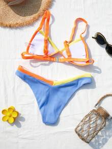 Bikinx Contrast Color Sexy Bikini Set Top & Bottom With Small Ribbeds, Summer Beach Vacation - Blue - View 5