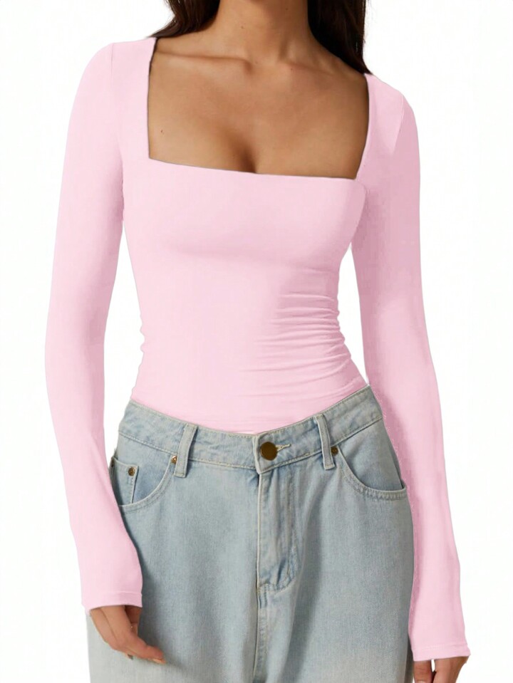 Vaiaye Y2K Long Sleeved Square Neck Slim Fit Temperament T