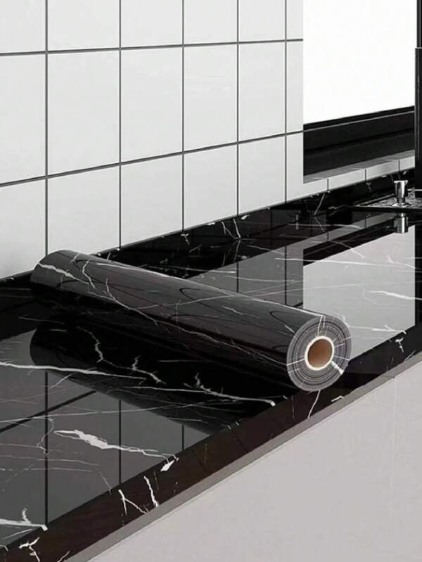 Black Marble Waterproof Oil-Proof Peel And Stick Wallpaper, Modern PVC Kitchen Renovation Sticker, Suitable For Kitchen Countertops, Cabinets And Wall Covering Decoration (15.76 Inches Wide)
