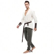 Men's Pirate Renaissance Style Clothing, Shirt And Pants Set,Including Belts And Bracers  ,Medieval Viking Gothic Celtic Pirate Suit For Men - 墨綠色 - 查看 4