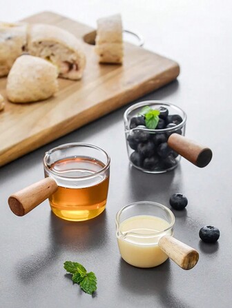 1pc High Borosilicate Glass Creamer, Mini Ounce Cup Household Use, Wood Handle Glass Milk Jug Measuring Cup, Mini Wood Handle Milk Pitcher Craft Coffee Creamer Cup