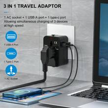 HITRENDS 1 pièce Adaptateur de voyage avec double USB (1 USB et 1 Type-C) Port de charge 5V 2,4A 12W, Chargeur mural, Adaptateur de prise électrique, Adaptateur de voyage universel mondial, Convertisseur de puissance 100-240V 6A 600-1440W Noir, Blanc convenant pour l'Asie, l'Europe, le Royaume-Uni, l'Australie et les États-Unis