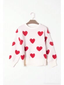 Élégant pull tricoté à col en O avec imprimé en forme de cœur, manches longues casual et chaud. Pullover femme pour l'automne, la rue et les déplacements. Idéal pour Noël et Nouvel An - Rouge et Blanc - Voir 1