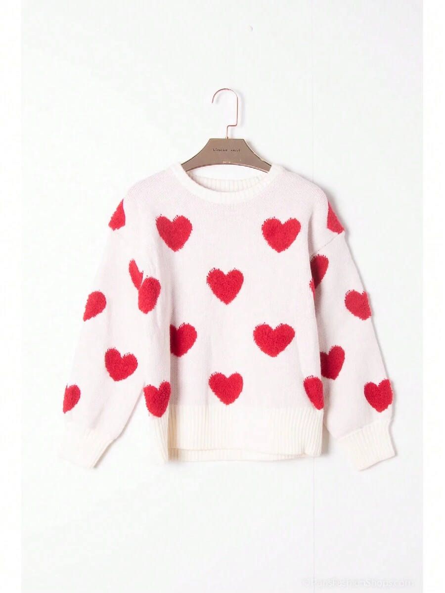 Élégant pull tricoté à col en O avec imprimé en forme de cœur, manches longues casual et chaud. Pullover femme pour l'automne, la rue et les déplacements. Idéal pour Noël et Nouvel An - Rouge et Blanc - Voir 1