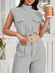 conjunto de 2 piezas elegantes  camisa de cargo con pantalon de cargo - Gris - Ver 5