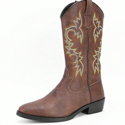 Men's Western Cowboy Boots With Retro Pu Leather Embroidery Decoration,Easy To Put On And Take Off. Square Toe Design, Thick Heel And Wide Legs, Casua