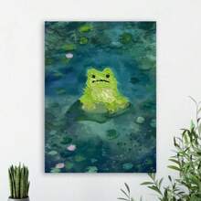 1 Pc Wooden Framed Pond Frog Canvas Painting(1)Thickness 2.25cm/ 0.9inch, High Quality Wall Art Prints Poster, Direct Hanging Wall Picture, Decor For Home Gifts, Christmas Gift,Living Room, Bathroom, Bedroom, Kitchen