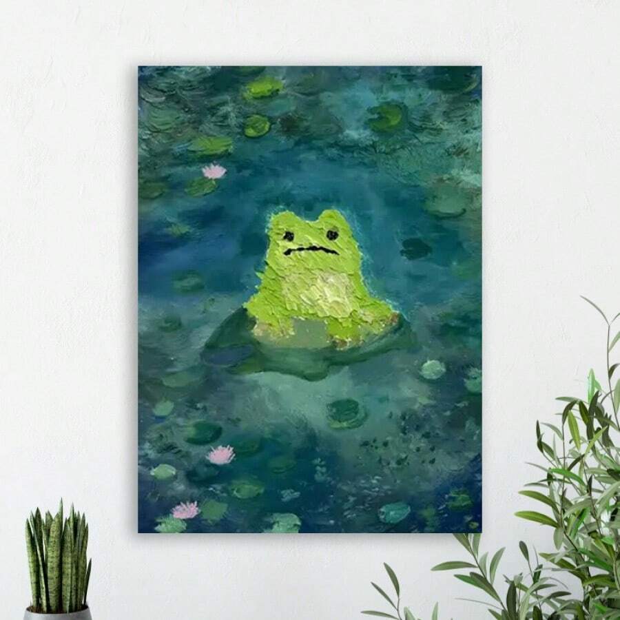 1 Pc Wooden Framed Pond Frog Canvas Painting(1)Thickness 2.25cm/ 0.9inch, High Quality Wall Art Prints Poster, Direct Hanging Wall Picture, Decor For Home Gifts, Christmas Gift,Living Room, Bathroom, Bedroom, Kitchen