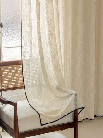 1 件，法式奶油色天鹅绒杆树枝图案，带黑色边缘条，独特设计不透明薄纱窗帘，适用于卧室、客厅装饰