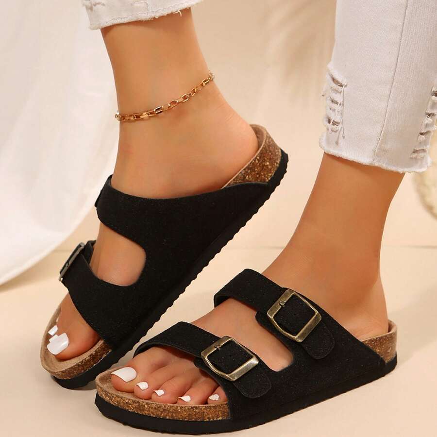 Cork Footbed Slide Sandals For Women - Comfortable With Adjustable Straps - 黑色 - 查看 1