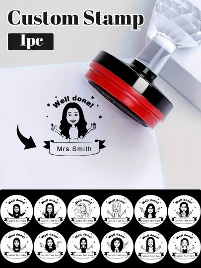 1pc Personalized Text Round Teacher Stamp With Crystal Handle, Back To School Supplies For Youth,Custom Name Well Done Excellent Keep It Up Stamp, Customizable Pattern Stamps, Rubber Stamps Custom, Customized Teacher Seal,Personal Items