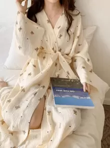 Teddy Bear Print Lightweight Solid Color Robe/Kimono, Minimalist European Style, Long Sleeve, V-Neck, With Pockets, Comfortable Women Lounge Sleepwear Bathrobe, Spring & Autumn Summer Wedding Home Bathroom Decor Back To School