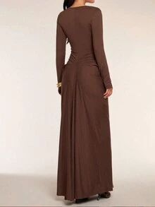 女式希腊女神风格纯色长袖连衣裙 - 卡其色 - 查看 4