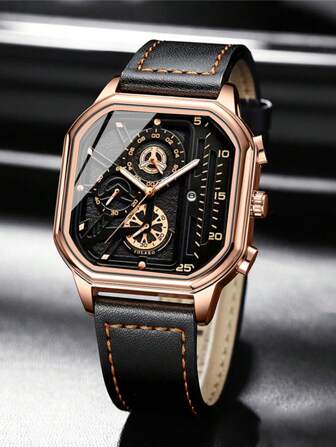 Fashion Square Watch For Men Vintage Sports Watch Men's Business Casual Watches Date PU Leather Quartz Wristwatch, Ideal Choice For Gifts