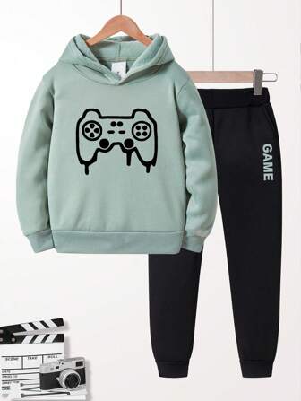 2pcs/Set Young Boys Video Game Graphic Print Hoodie Sweatshirt And Sweatpants Set