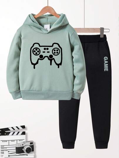 2pcs/Set Young Boys Video Game Graphic Print Hoodie Sweatshirt And Sweatpants Set