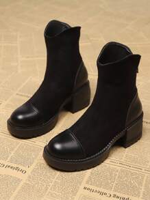 Chunky Heel Sweet Cool European Style Platform Ankle Boots, Women Thick Bottom High Heel Shoes, Brown, Suitable For Fall/Winter - Black - View 2