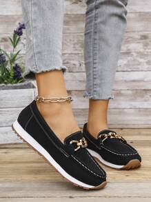 Flat Round Toe Slip-On Loafers, Low Heel Platform Soft Bottom Loafers With Metal Buckle - Black - View 5