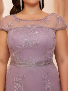 Vestido de noche de alta gama con cuello redondo, bordado de encaje, manga corta y abertura, vestido de fiesta, vestido de invitada de boda, vestido de gala, vestido de noche para tallas grandes