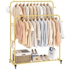 UDEAR Double Rods Garment Rack With Wheels, Clothing Rack For Hanging Clothes,4 Hooks, Multi-Functional Bedroom Clothes Rack, Black,Spring,Minimalist,Summer Tops