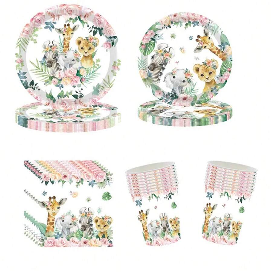 10 件粉色丛林生日派对用品套装粉色丛林主题派对动物生日装饰餐具套装野生生日派对纸盘杯子餐巾餐具适用于 1-5 岁生日性别揭示桌面装饰促销 - 彩色 - 查看 1
