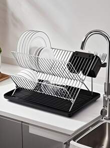 2-Tier Large Capacity Space-Saving Dish Rack Kitchen Counter Organizer Multifunctional Storage Organizer For Kitchen Counter, Kitchen Organizers And Storage Sturdy Metal Construction, Double Layers, Drainboard - White - View 4