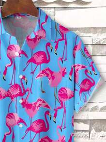Camisa de manga corta con botones de talla grande para hombre con estampado digital 3D de flamencos hawaianos - Azul - Ver 5
