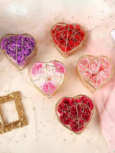 6pcs Scented Soap Flowers In Heart Shaped Box, Rose Flower Gifts For Valentine's Day, Wedding, Housewarming, Birthday